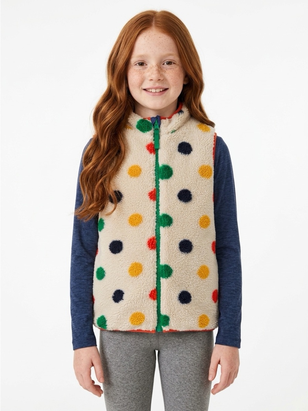 Mini Boden Girls Reversible Fleece Vest Polka Dot Navy 9-10Y